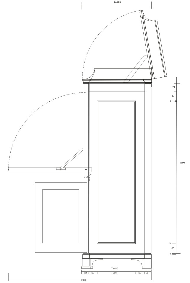 Risszeichnung Schreibschrank Seitenansicht