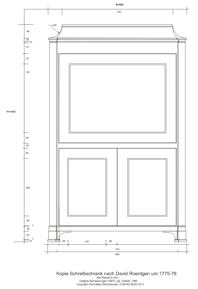 Risszeichnung Schreibschrank Vorderansicht